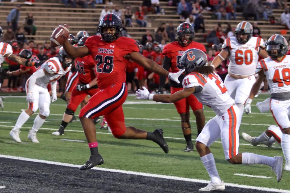 Tascosa's Treshun Wilson (28) runs the ball into the end zone for a touchdown in a District 2-5A Division I game Thursday, Oct. 22, 20322 at Dick Bivins Stadium in Amarillo.