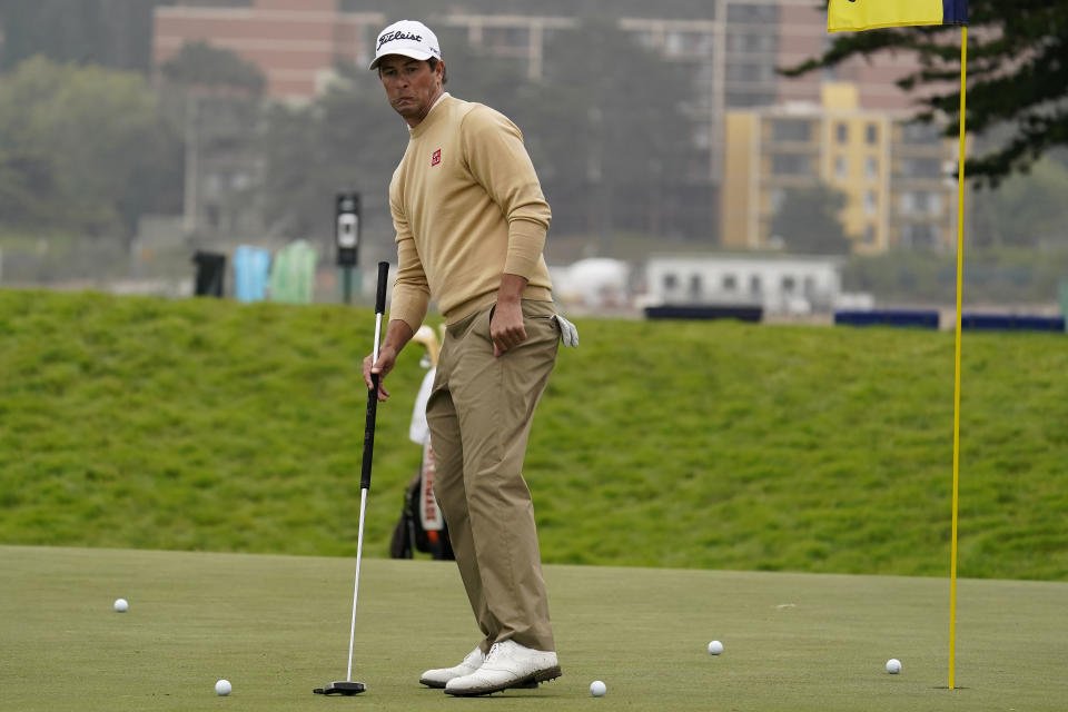Adam Scott, of Australia, putts on the 15th green during practice for the PGA Championship golf tournament at TPC Harding Park in San Francisco, Tuesday, Aug. 4, 2020. (AP Photo/Jeff Chiu)