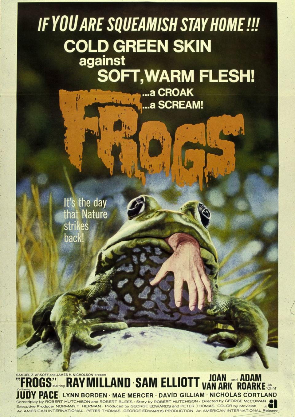 <p>Frogs, man. Just straight-up frogs. Aside from being an actual movie about frog terror, this has the best poster text ever: "If you are squeamish stay home!!! Cold green skin against soft, warm flesh! A croak. A scream!" Apparently frogs were an issue that needed to be put on the table in 1972. </p>