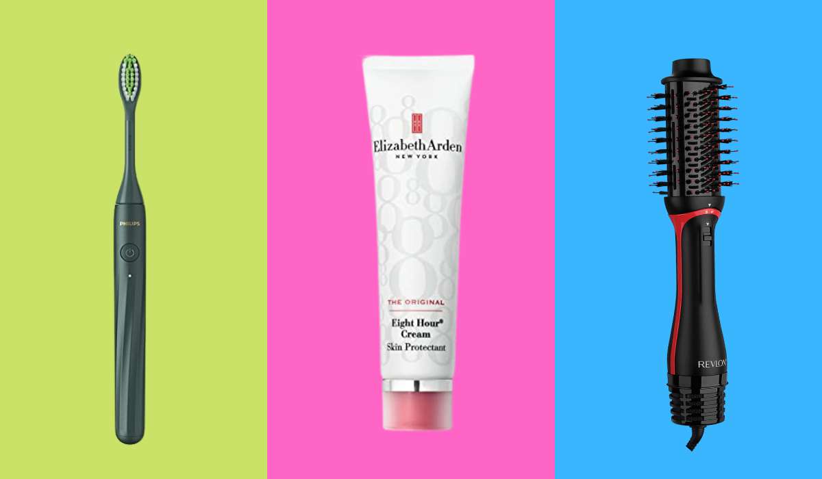Photos of a toothbrush, Elizabeth Arden cream, and Revlon hair tool on a colorful background.
