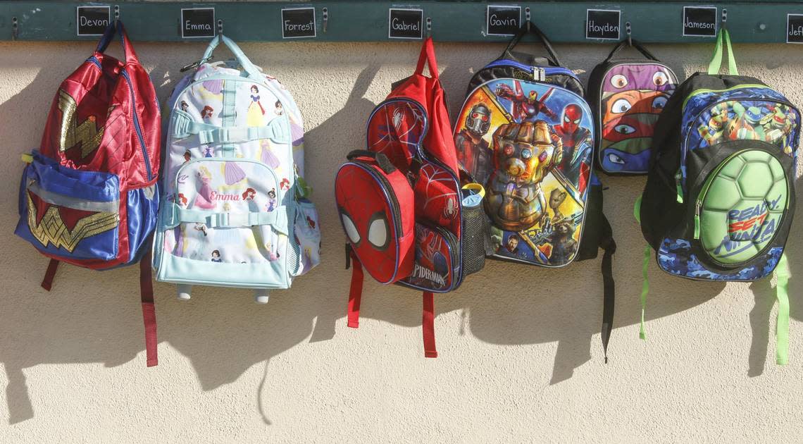 Backpacks line the halls at San Gabriel Elementary School in Atascadero in 2018.