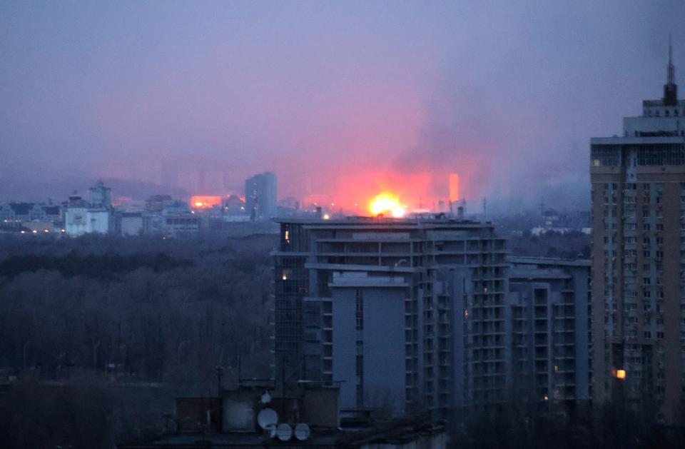 An explosion is flashing during the morning Russian missile attack on Kyiv, the capital of Ukraine, in Kyiv, Ukraine, on January 2, 2024.