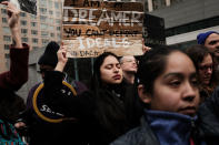 <p>Demonstrators, many of them recent immigrants to America, protest the government shutdown and the lack of a deal on DACA (Deferred Action for Childhood Arrivals) outside of Federal Plaza on Jan. 22, 2018 in New York City. (Photo: Spencer Platt/Getty Images) </p>