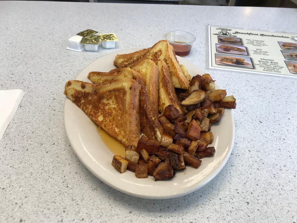 The French toast at Handy's Lunch is covered in real Vermont maple syrup.
