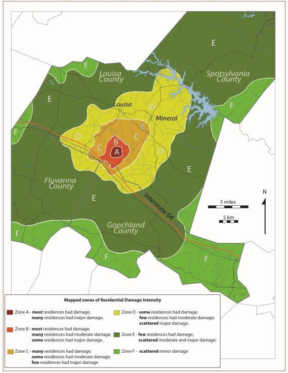 A map of the damage caused by the 5.8-magnitude earthquake that hit eastern Virginia in August, 2011.