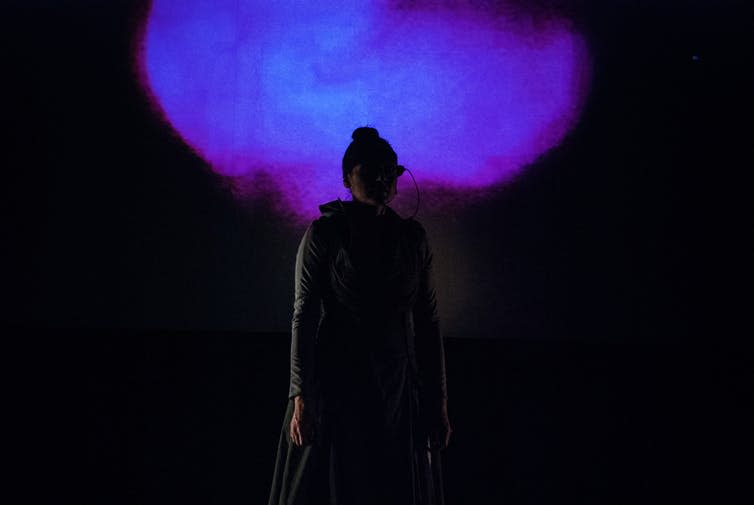 <span class="caption">‘Enheduanna―A Manifesto of Falling’ Live Brain-Computer Cinema Performance at CCA: Centre for Contemporary Arts Glasgow.</span> <span class="attribution"><span class="source">Polina Zioga/Catherine M. Weir.</span></span>