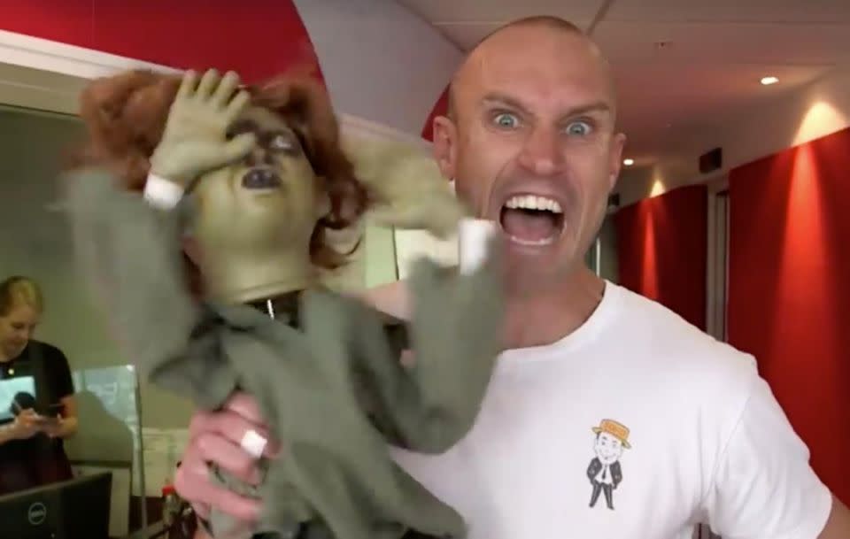 Fitzy pulled an epic Halloween prank on his co-host Wippa with an exorcist doll. Source: Fitzy & Wippa Facebook / Nova FM