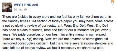 Part of the Facebook post from West End Deli. Source: Facebook