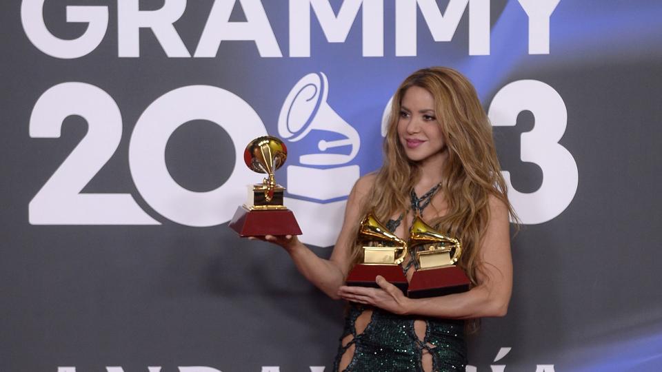 seville, spain november 16 shakira poses with the awards for song of the year, best pop song and best urbanfusion performance attends the 24th annual latin grammy awards on november 16, 2023 in seville, spain photo by borja b hojasgetty images for latin recording academy
