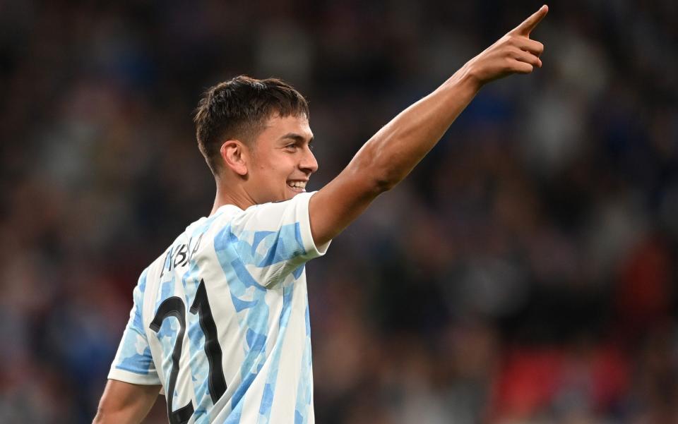 Paulo Dybala of Argentina celebrates after scoring their team's third goal during the 2022 Finalissima match between Italy and Argentina at Wembley Stadium on June 01, 2022 in London, England - Michael Regan - UEFA/UEFA via Getty Images