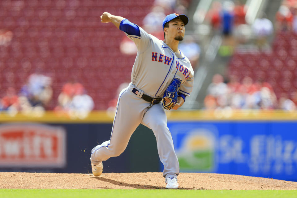 New York Mets' Kodai Senga throws during the first inning of a baseball game against the Cincinnati Reds in Cincinnati, Thursday, May 11, 2023. (AP Photo/Aaron Doster)