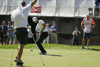 Stephen Curry reacts after missing a birdie putt on the seventh green of the Silverado Resort North Course during the pro-am event of the Safeway Open PGA golf tournament Wednesday, Sept. 25, 2019, in Napa, Calif. (AP Photo/Eric Risberg)