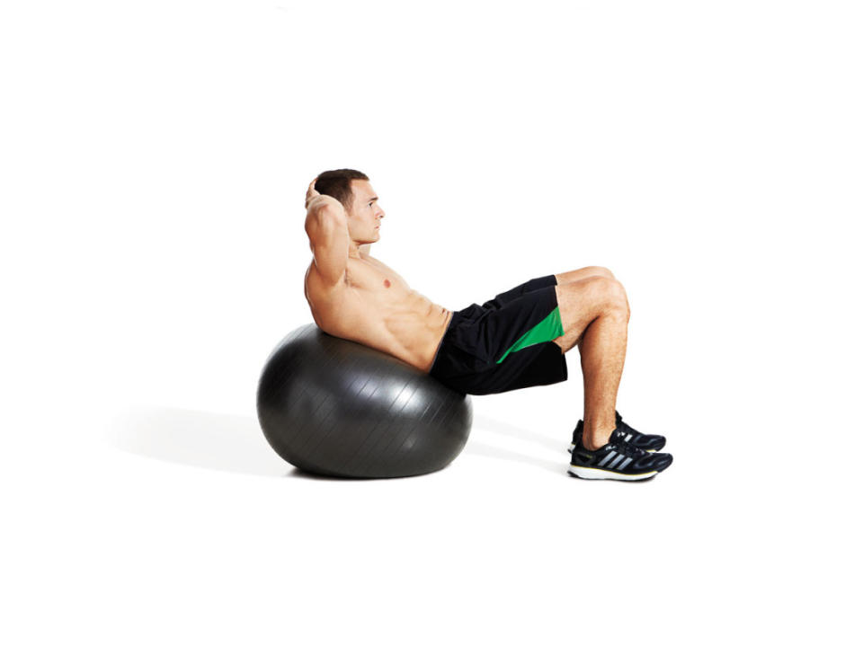 Swiss ball crunches are an excellent way to work the rectus abdominis, plus the stabilizing muscles of the hips and back.<p>Beth Bishoff</p>