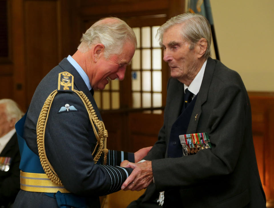 File photo dated 17/9/2017 of the Prince of Wales talking to Battle of Britain veteran Wing Commander Paul Farnes, who has died aged 101.