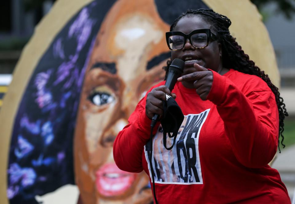 Poet Hannah Drake speaks Friday afternoon at Jefferson Square, one year after the first protest for Breonna Taylor, the former emergency room technician, who was killed by LMPD during a botched raid in March 2020. The anniversary and tributes continue through Saturday.