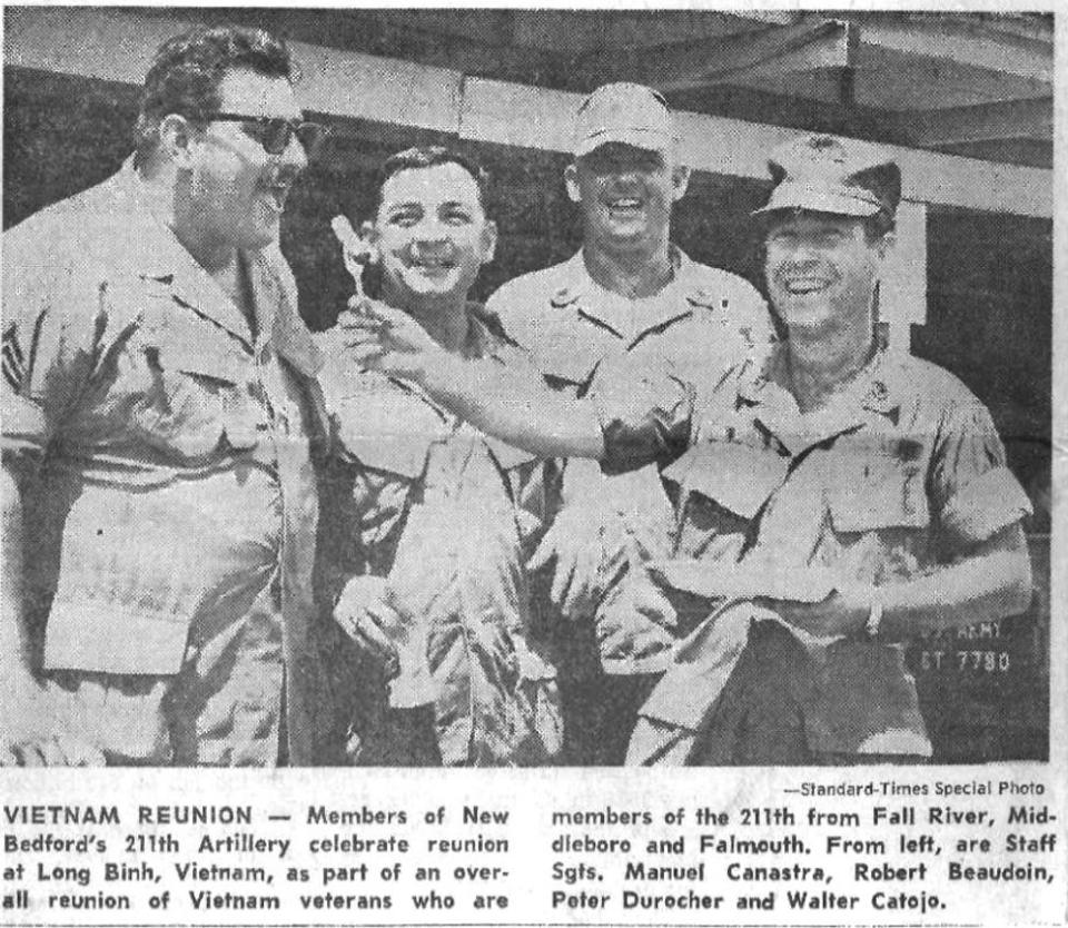 This photo, seen here with its original caption, taken on Aug, 31, 1969, in Vietnam, was taken at a planned get-together organized by New Bedford native Donald Lavimoniere and others. The occasion was planned to bring together Greater New Bedford area locals who were serving in Vietnam at the time.