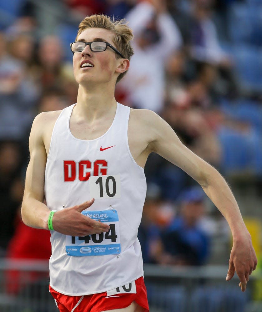 Dallas Center-Grimes' Aidan Ramsey wins the 3200 meter run during the 112th annual Drake Relays on Thursday, April 28, 2022, at Drake Stadium in Des Moines.