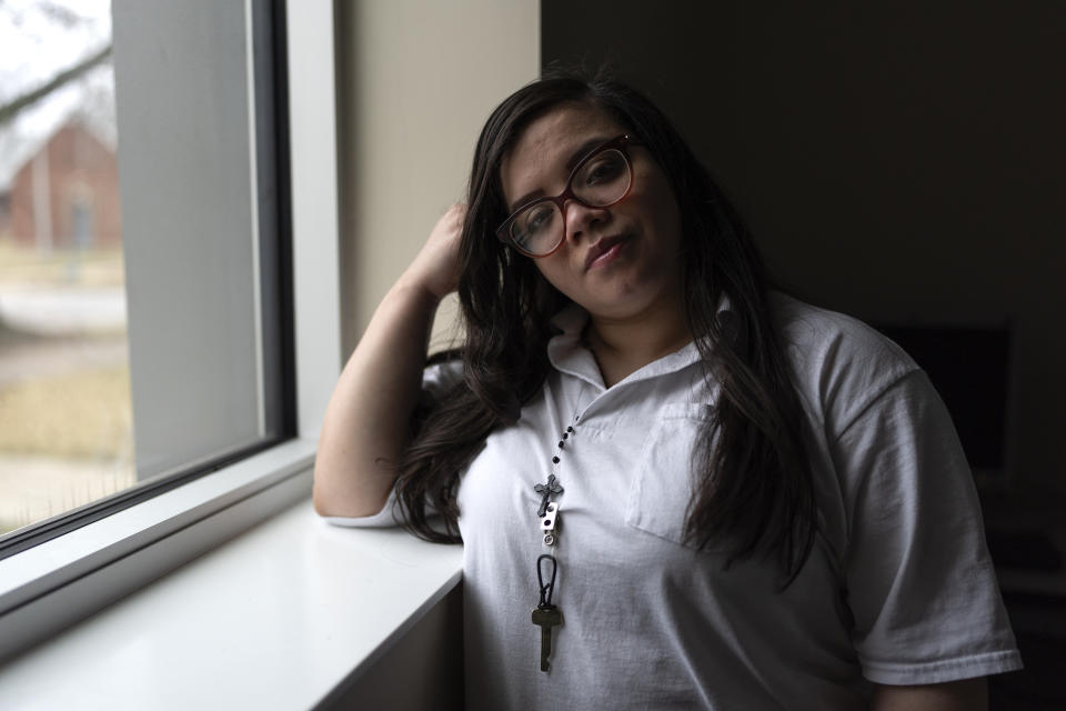 31-year-old Crystal Martinez stands for a portrait after speaking about her experiences with domestic violence and life in prison without her children Friday, Jan. 26, 2024, at Logan Correctional Center in Lincoln, Ill. Martinez's eight-year sentence for shooting a man she said was beating his girlfriend at the time was recently reduced under an Illinois law that allows survivors of domestic violence to ask for shorter sentences. (AP Photo/Erin Hooley)