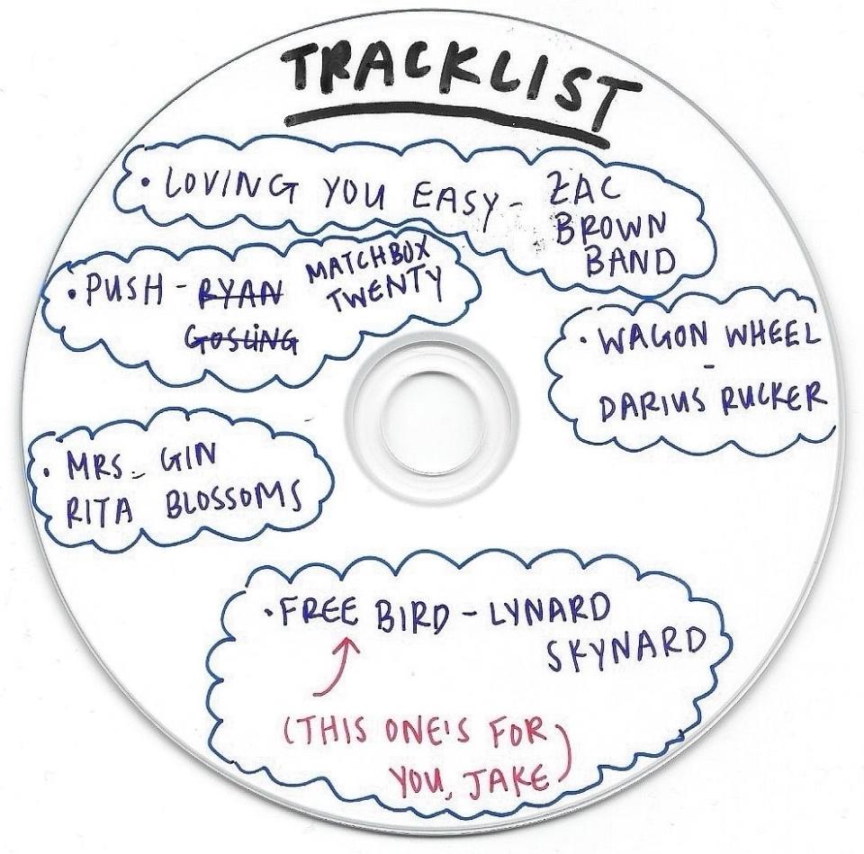 Handwritten tracklist on a blank CD, including songs by Zac Brown Band and Lynyrd Skynyrd