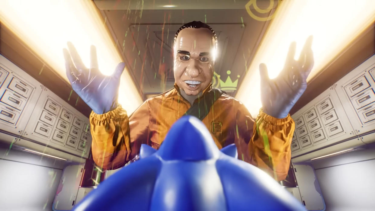 A screenshot shows a man in a Nixon masking robbing a Sonic statue as seen in Hyenas.