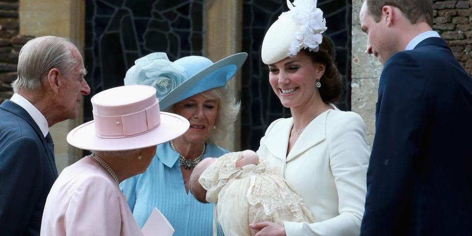 <p>Queen Elizabeth greets the Duchess of Cambridge and Prince William at the Church of St. Mary Magdalene aftert the christening of Princess Charlotte. </p>