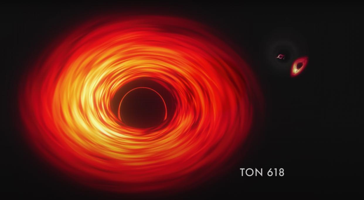 Screenshot from a new NASA animation highlighting some of the universe's biggest black holes, including the record-holding TON 618, which is about as massive as 60 billion suns. 