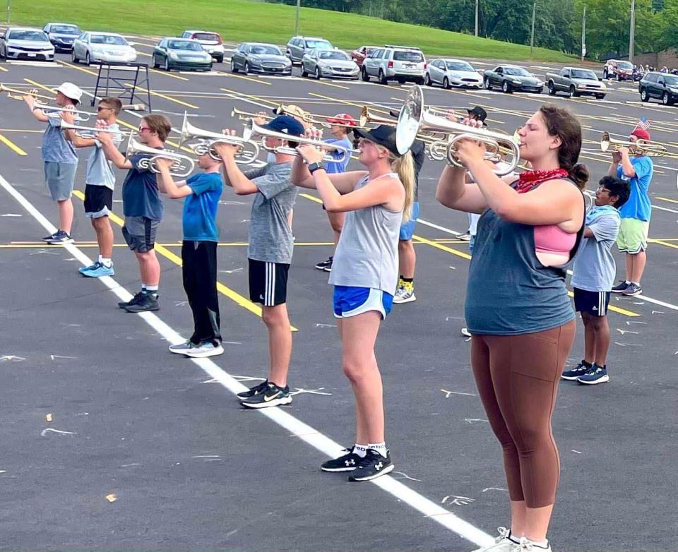 Brass players concentrate on learning new music and marching steps July 28 at Farragut High School. July 28, 2023. Photo courtesy Linda Rose Childress