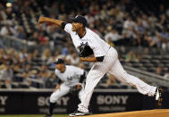 NEW YORK, NY - APRIL 15: Ivan Nova of the New York Yankees pitches against the Los Angeles Angels of Anaheim at Yankee Stadium on April 15, 2012 in the Bronx borough of New York City. In honor of Jackie Robinson Day, all players across Major League Baseball will wear number 42(Photo by Nick Laham/Getty Images)