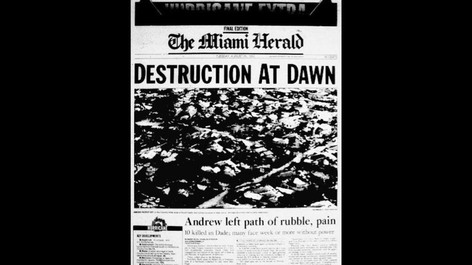 The Miami Herald section front on Aug. 25, 1992, the day after Hurricane Andrew decimated South Miami-Dade. “Destruction at Dawn.”