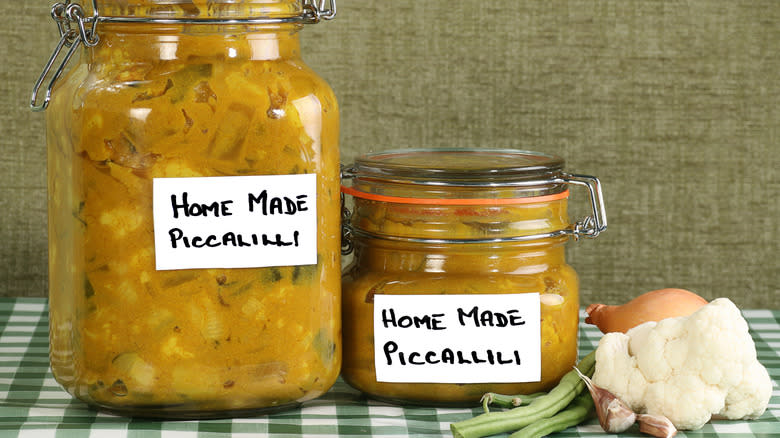 Two jars of piccalilli