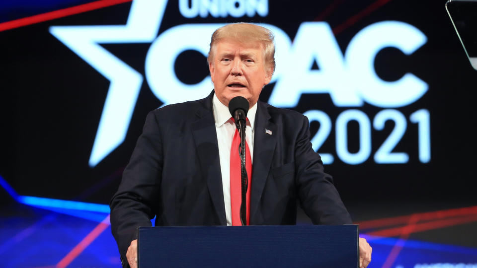 Former U.S. President Donald Trump speaks during the Conservative Political Action Conference (CPAC) in Dallas, Texas, U.S., on Sunday, July 11, 2021. (Dylan Hollingsworth/Bloomberg via Getty Images)