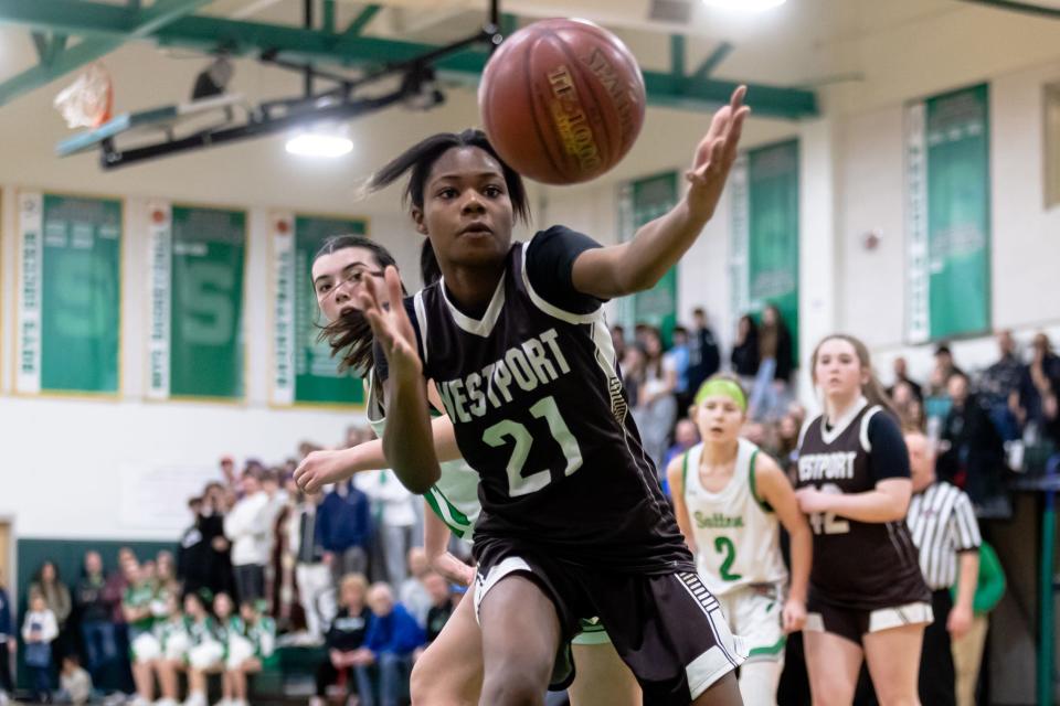 Westport’s Jenna Egbe reaches out for a rebound during Friday’s MIAA Division 5 Elite Eight matchup with Sutton.