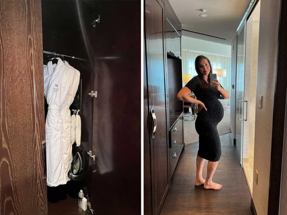 Side by side images of a closet open to show a hanging robe and a woman taking a pregnant selfie.