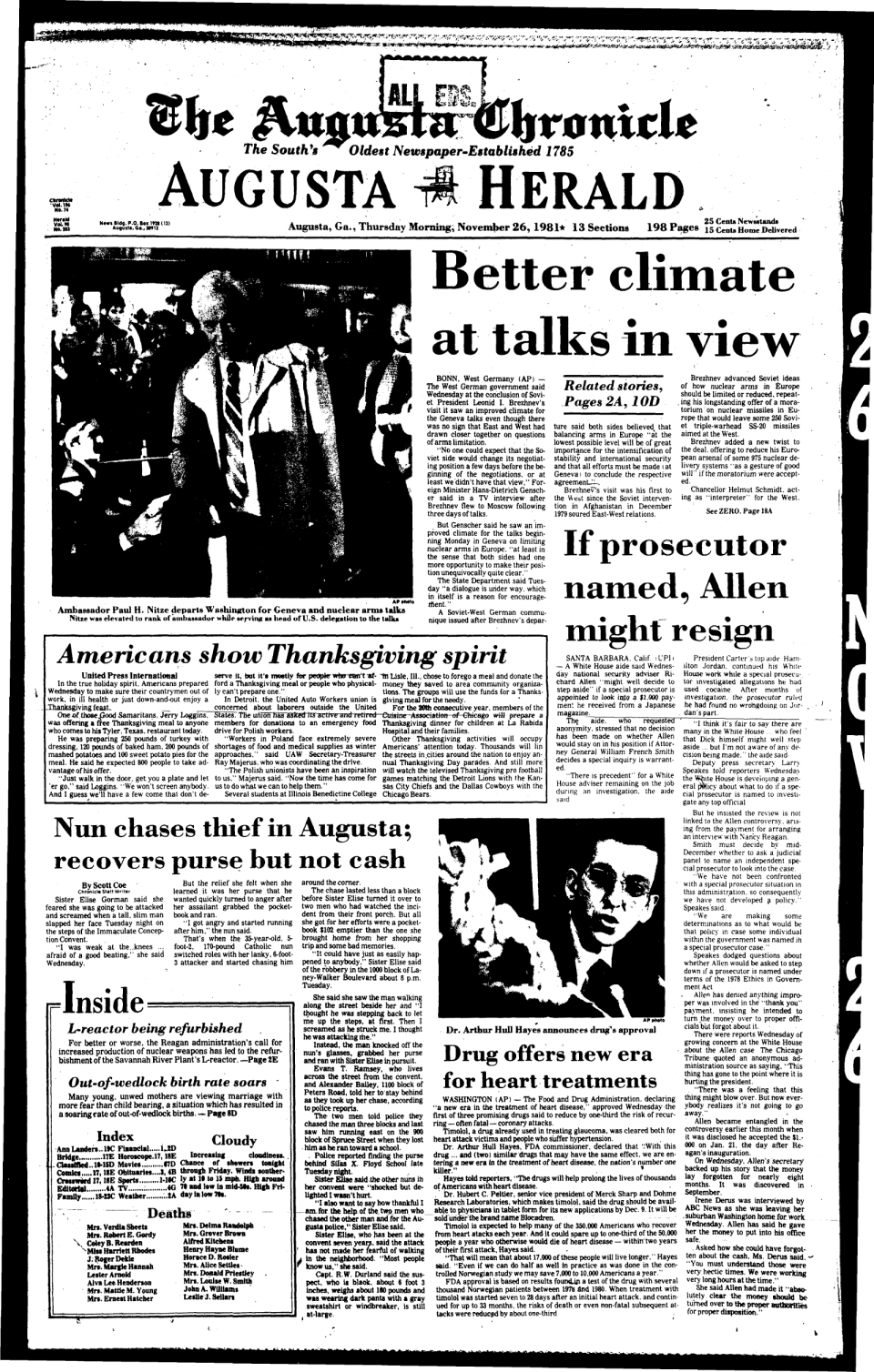The front page of the Augusta Chronicle on Thanksgiving on November 26, 1981.