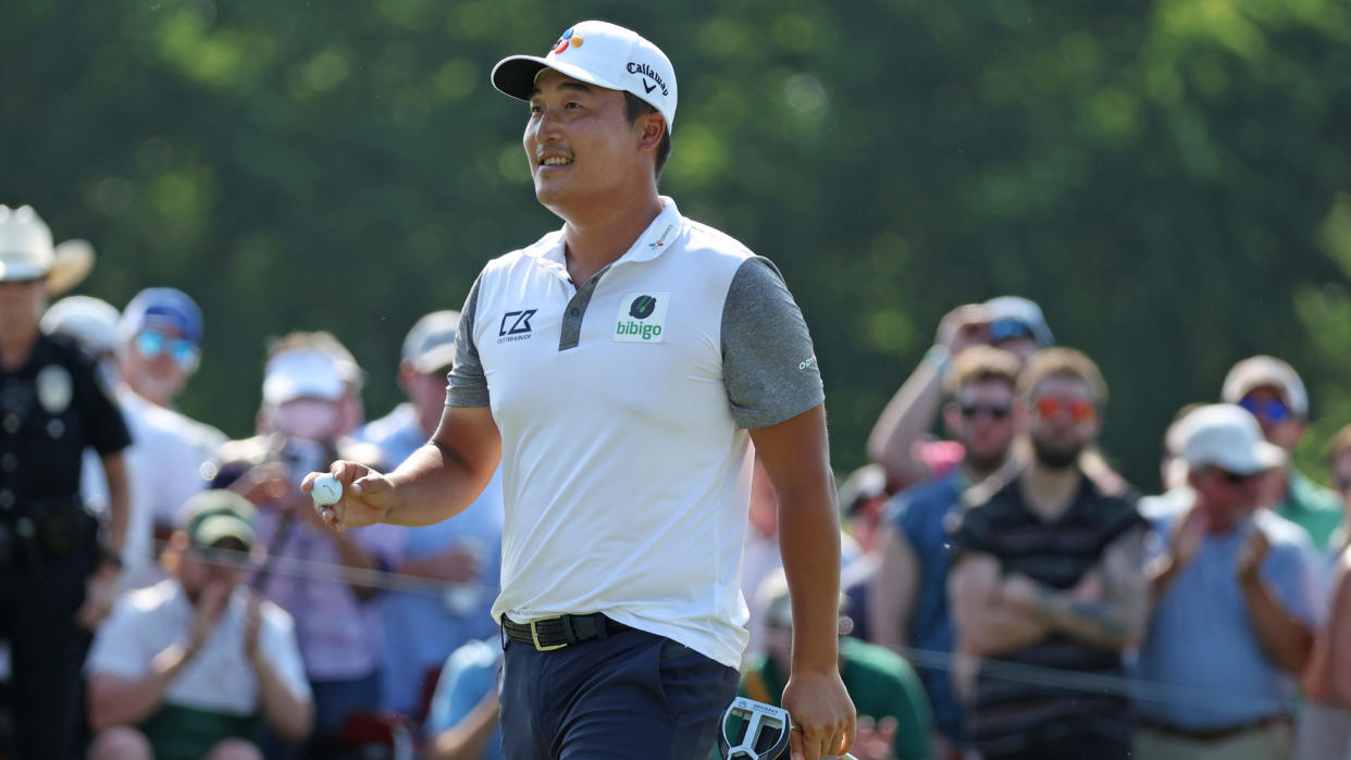  K.H. Lee celebrates after winning the 2022 AT&T Byron Nelson at TPC Craig Ranch 