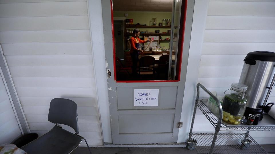 The Ganondagan White Corn Project farmhouse was turned into a restaurant to feed the volunteers who came to husk the corn.  Volunteers were fed meals that incorporated the Haudenosaunee White Corn, which has high protein and is low in sugar.