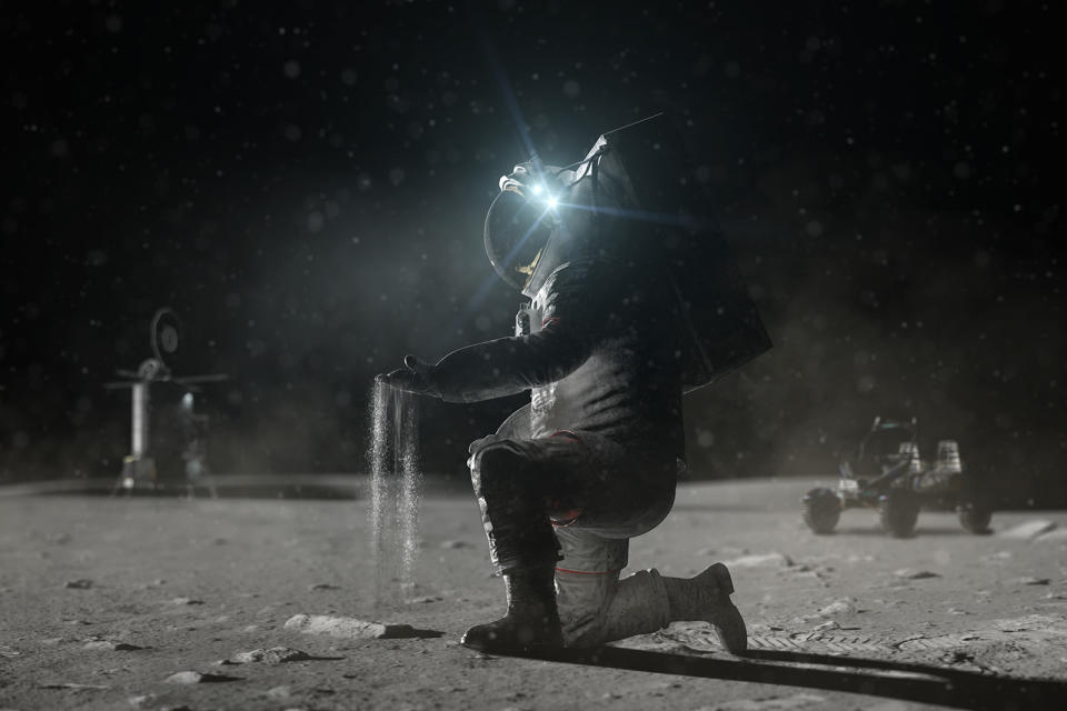 Render of NASA astronaut holding Moon regolith