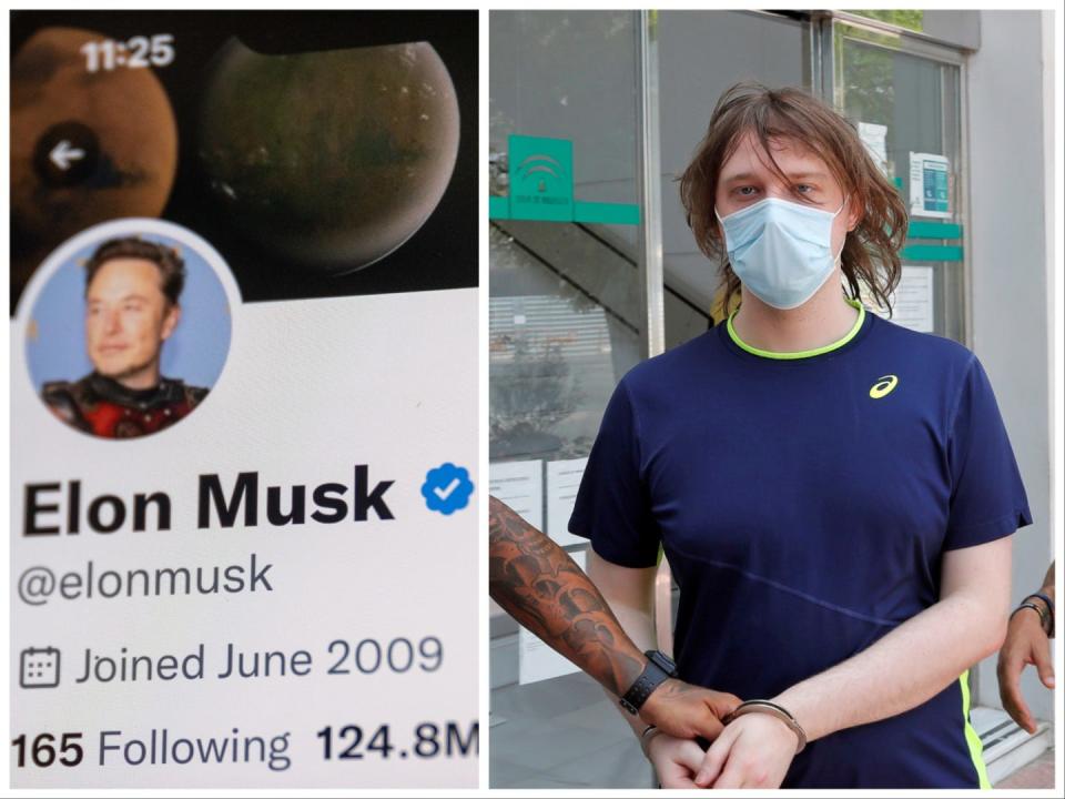 Elon Musk's Twitter profile is displayed on a phone; and a white man with long hair wearing a surgical mask is handcuffed and led away by police