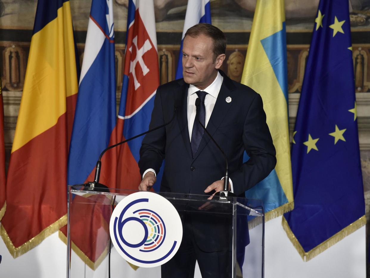 European Council President Donald Tusk delivers a speech during a special summit of EU leaders to mark the 60th anniversary of the bloc's founding Treaty of Rome: Getty/AFP