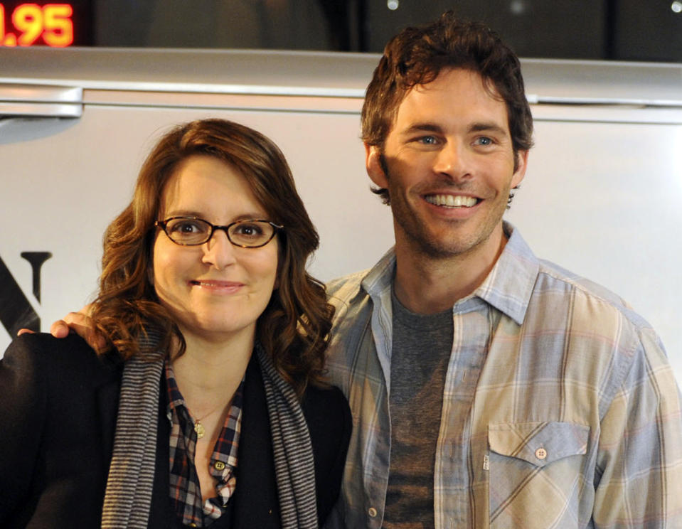 This undated image released by NBC shows James Marsden as Criss, right, and Tina Fey as Liz Lemon in a scene from "30 Rock." The characters will wed on the “30 Rock” episode that airs Nov. 29. (AP Photo/NBC, Ali Goldstein)