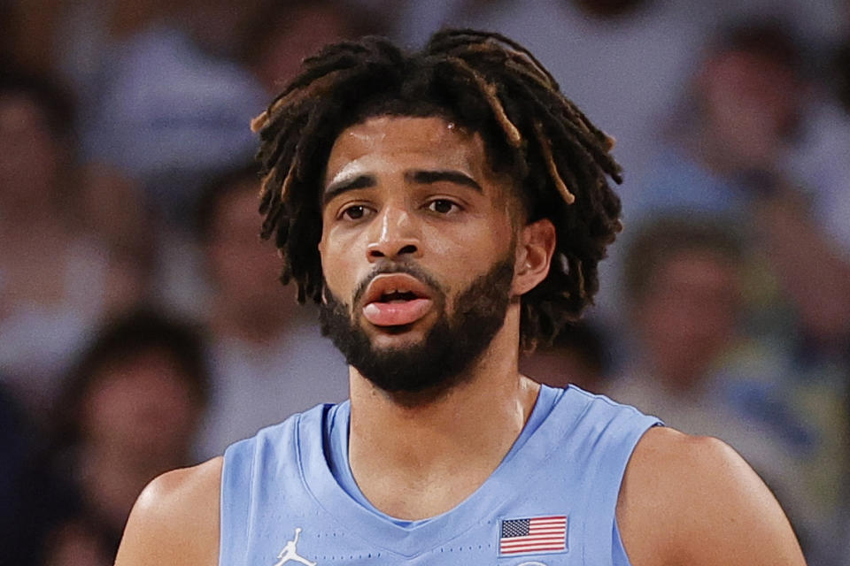 FILE - North Carolina guard RJ Davis plays during the first half of an NCAA college basketball game against Georgia Tech Tuesday, Jan. 30, 2024, in Atlanta. RJ Davis is the unanimous choice as The Associated Press men’s basketball player of the year in the Atlantic Coast Conference, in voting released Tuesday, March 12, 2024. (AP Photo/Alex Slitz, File)