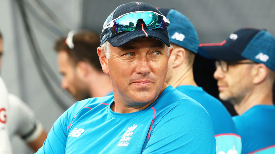 Pictured here, England coach Chris Silverwood during an Ashes practice session with his players.