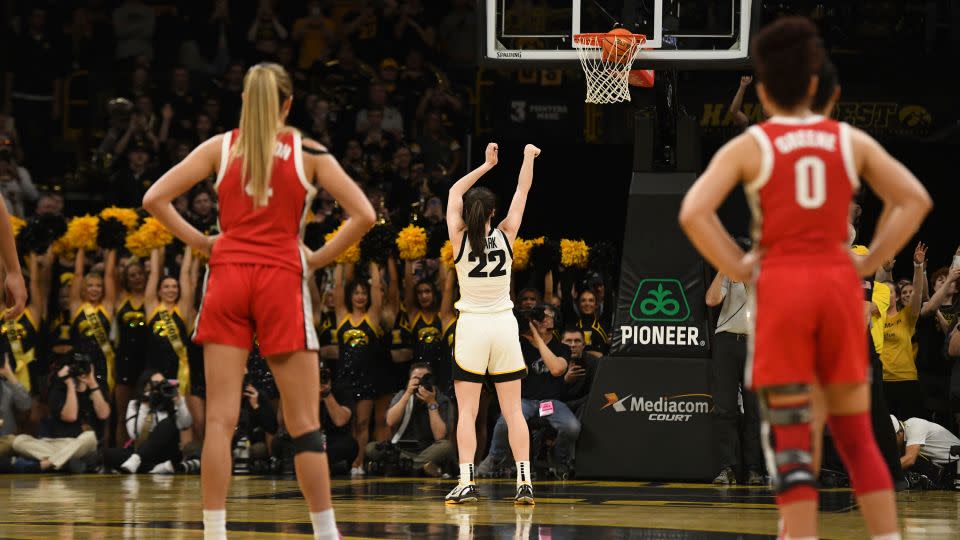 Iowa guard Caitlin Clark broke the scoring record with a pair of free throws at the end of the first half. - Cliff Jette/AP