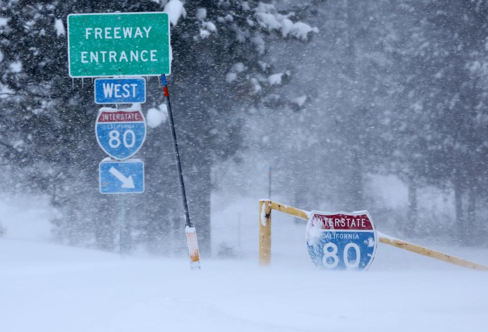 An Interstate 80 (I-80) entrance is covered in snow during a powerful multiple day winter storm in the Sierra Nevada mountains on March 03, 2024 in Truckee, California. A stretch of Interstate 80 in California remains shut down in both directions due to the storm.