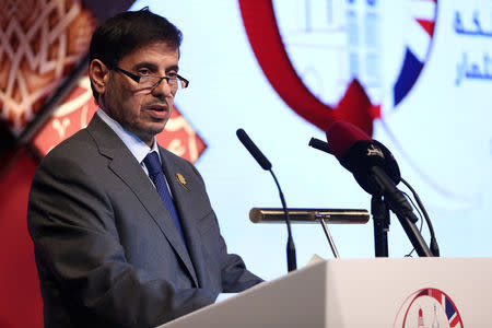 Qatar's Prime Minister and Minister of Interior Sheikh Abdullah Bin Nasser Al Thani speaks at the Qatar UK Business and Investment Forum in London, Britain March 27, 2017 REUTERS/Neil Hall