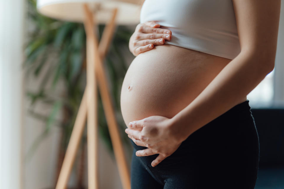 Pregnant person cradles belly with hands, standing beside a plant, promoting prenatal wellness