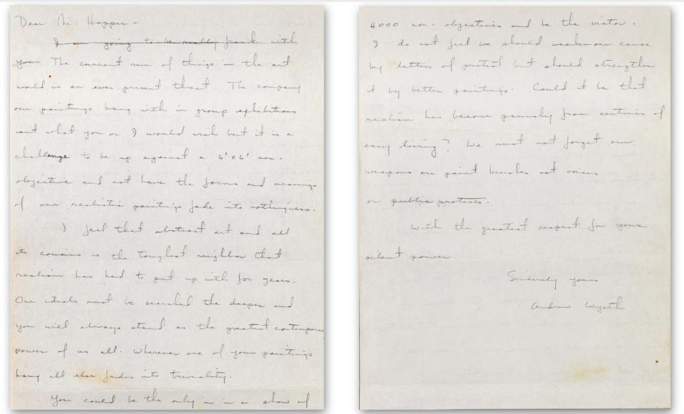 Letter from Andrew Wyeth to Edward Hopper, 1961, written in wife Betsy's hand. Hopper had asked the fellow American realist to protest the Whitney Museum's drift toward abstract panting. Wyeth demurred, wondering if realism had gotten "paunchy" through "easy living."