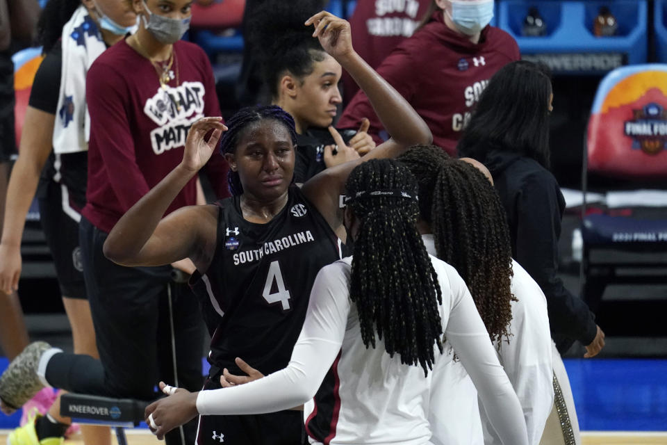 Stanford forward Francesca Belibi, right, greets South Carolina forward Aliyah Boston (4) after a women's Final Four NCAA college basketball tournament semifinal game Friday, April 2, 2021, at the Alamodome in San Antonio. Stanford won 66-65. (AP Photo/Eric Gay)