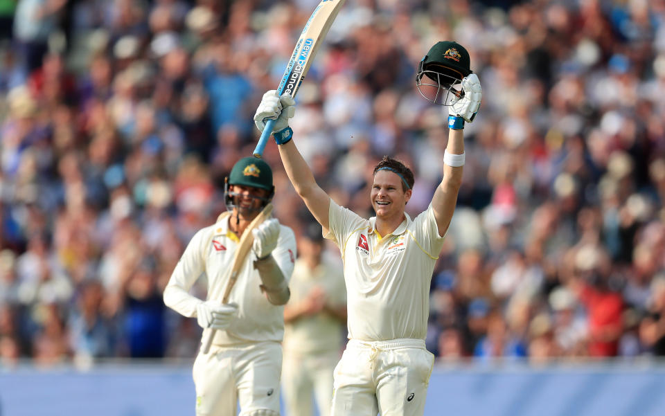 Australia's Steve Smith celebrates his century during day one of the Ashes Test match at Edgbaston, Birmingham. (Photo by Mike Egerton/PA Images via Getty Images)