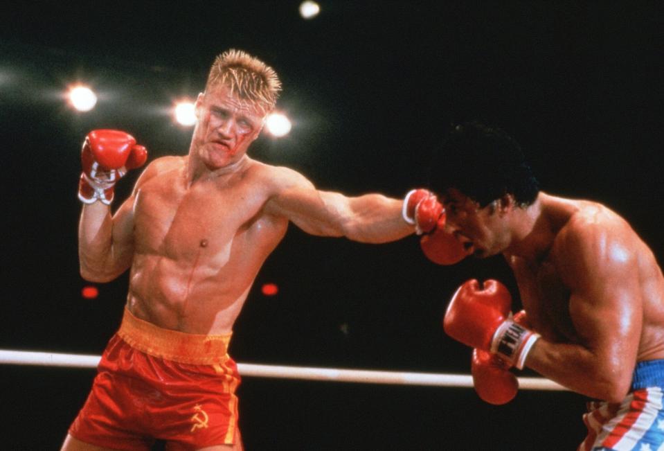 ROCKY IV, (aka ROCKY IV: ROCKY VS. DRAGO, aka ROCKY IV: ROCKY VS. DRAGO: THE ULTIMATE DIRECTOR'S CUT), from left: Dolph Lundgren, Sylvester Stallone, in 2021 director's cut, 1985